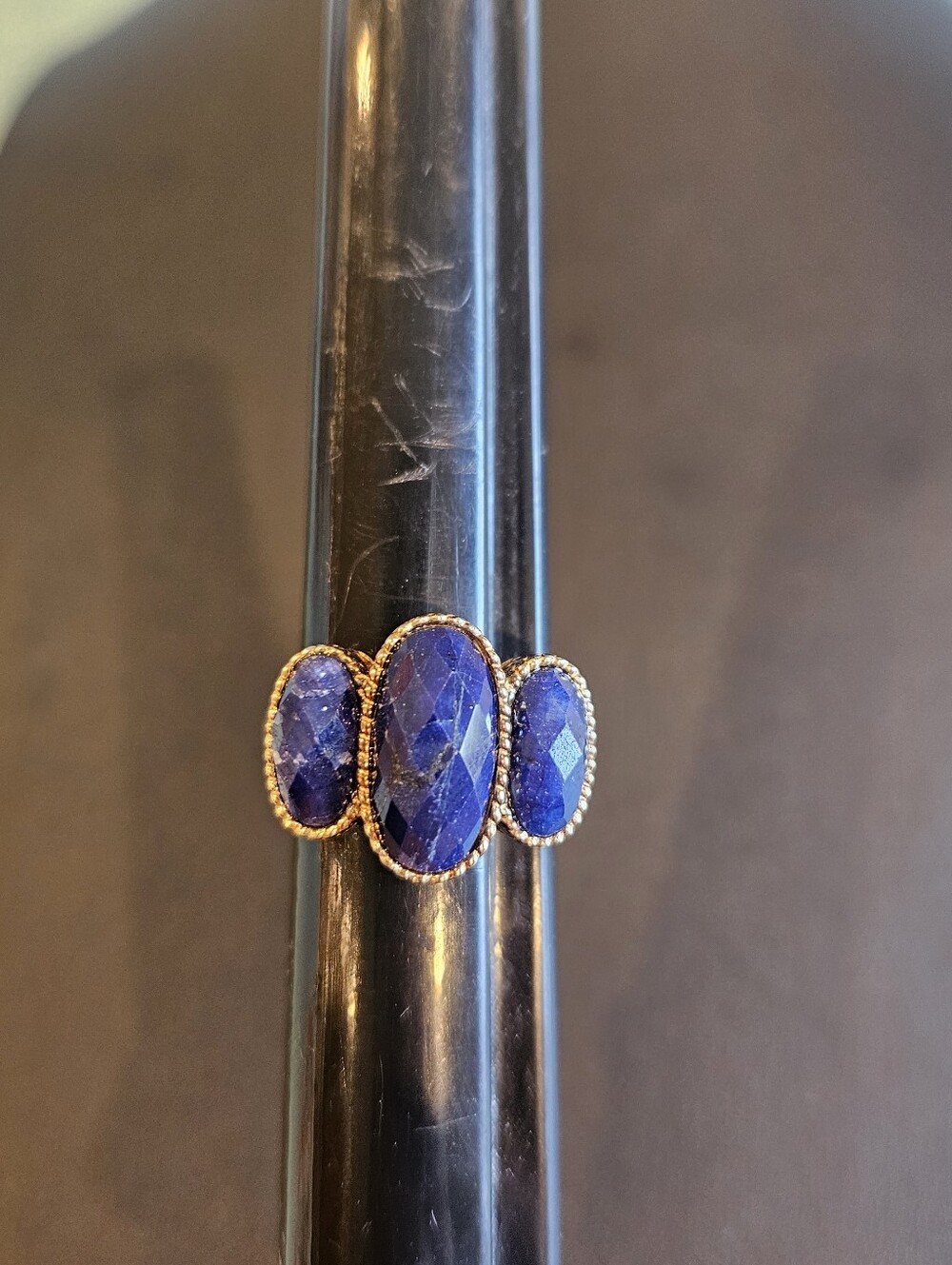 Three-Stone Blue Faceted Lapis Gemstone Ring in Gold Over Sterling Silver